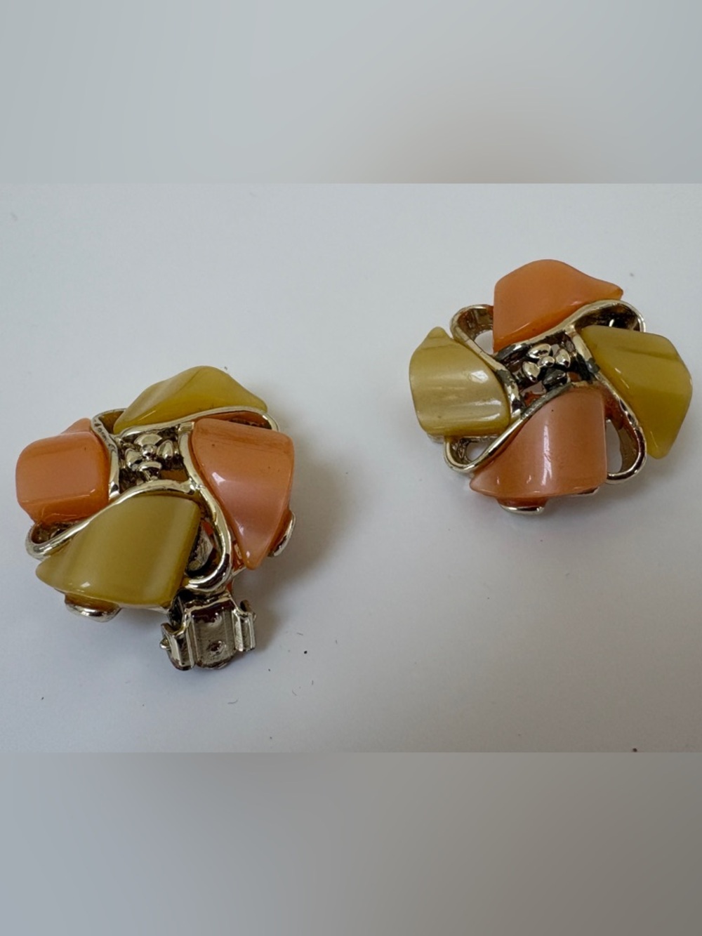 Vintage Peach and Pale Yellow Clip-On Floral Cluster Earrings